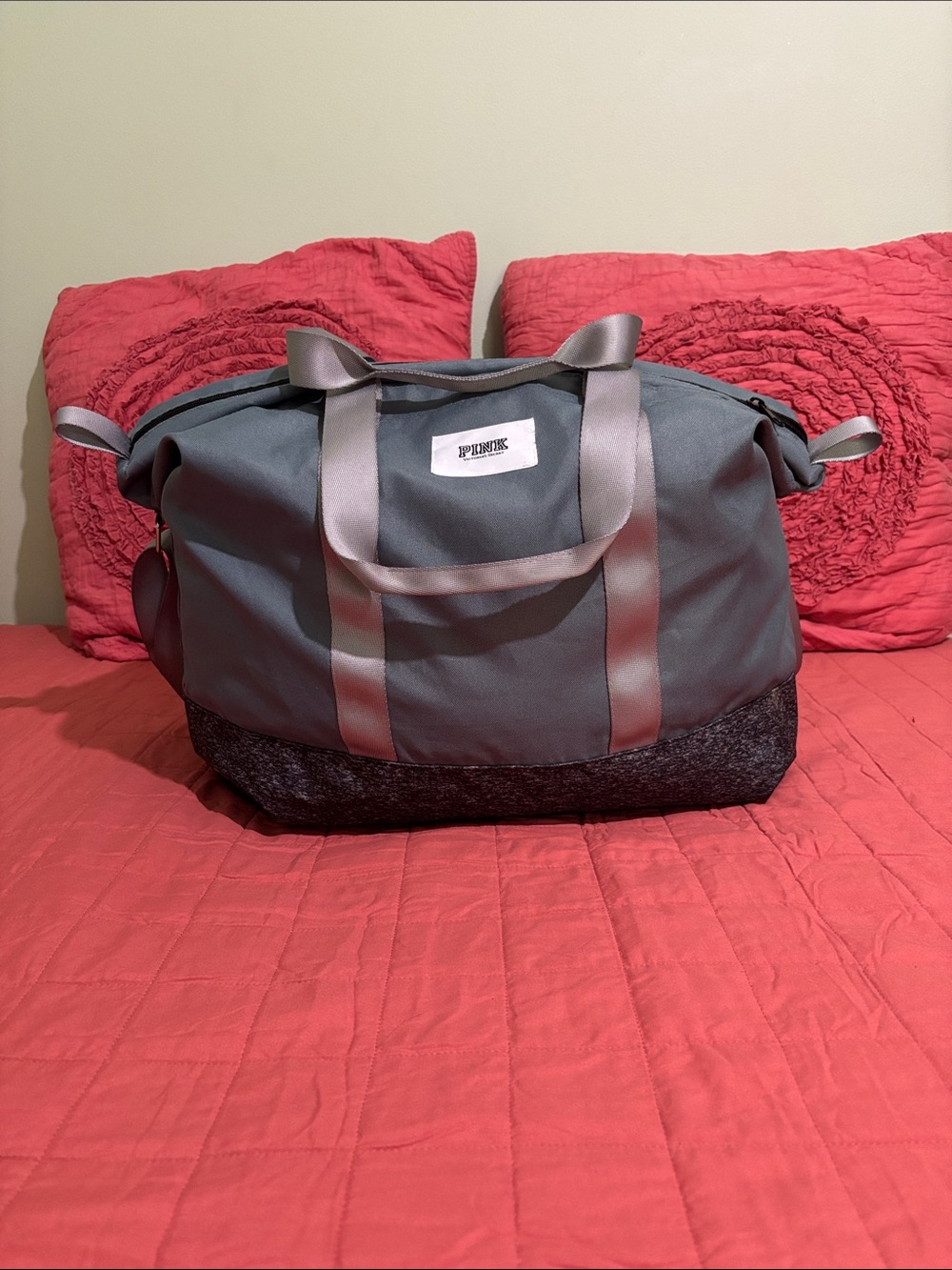 PINK Gray Green Weekend Duffel tote travel Bag with Contrast Base Zip top
